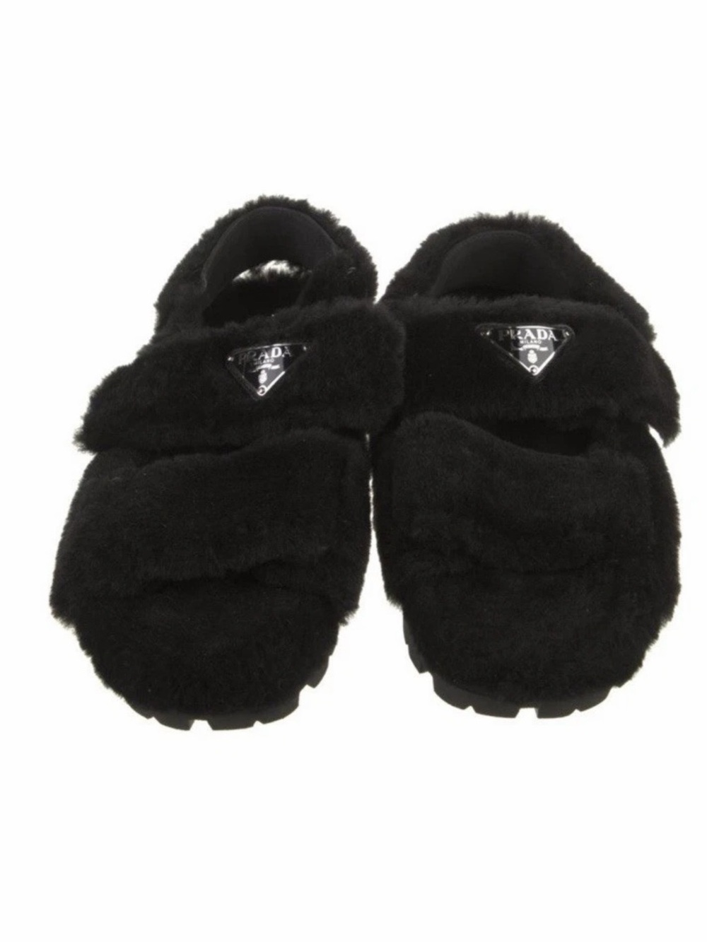 Prada Enameled Metal Triangle Faux Fur Slides Black NIB & Dust Covers 38.5
